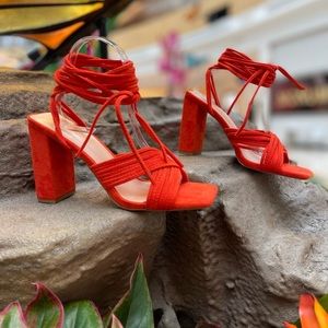 Orange square toe, block high heeled strap of sandal
